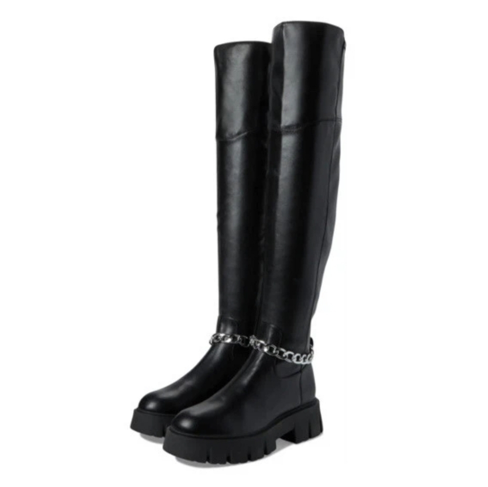 New + Box Guess GBG Los Angeles knee high black combat boots with silver chain